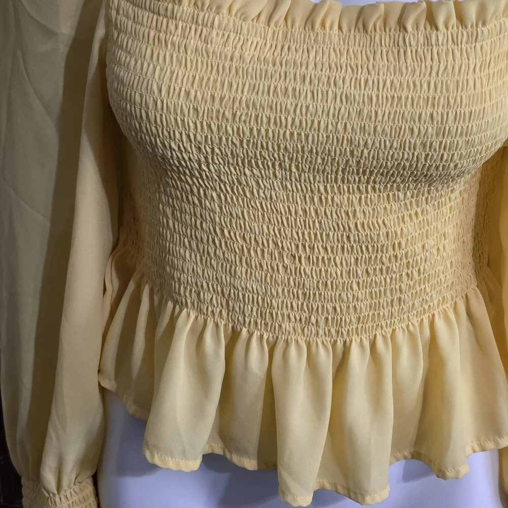 Shinestar Square Neck Smocked Long Sleeve Top Yellow Size XL - Picture 4 of 9